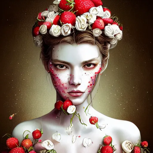 Image similar to the portrait of an absurdly beautiful, graceful, elegant, sophisticated, fashionable young woman made of strawberries and white petals with tears, an ultrafine hyperdetailed illustration by kim jung gi, irakli nadar, intricate linework, bright colors, octopath traveler, final fantasy, unreal engine 5 highly rendered, global illumination, radiant light, detailed and intricate environment