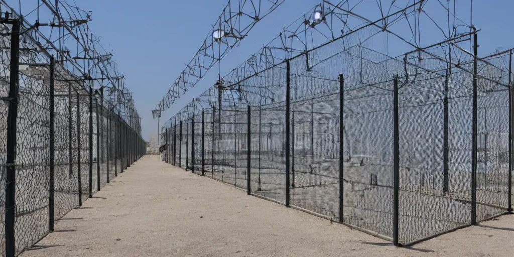 Prompt: cages at guantanamo bay prison, plain background, no army