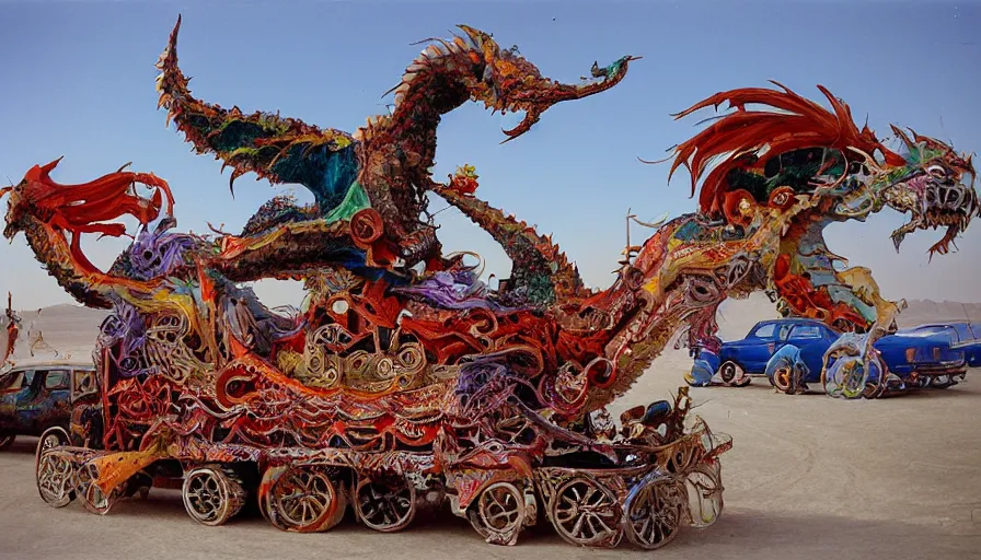 Image similar to papier-mâché art cars of Burning Man looking like dragons and fish, Kodachrome, photorealistic,