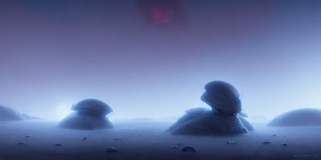 Image similar to strange surface of icy alien planet at sunset, misty, ultra high definition, ultra detailed, symmetry, sci - fi, dark fantasy, by greg rutkowski and ross tran