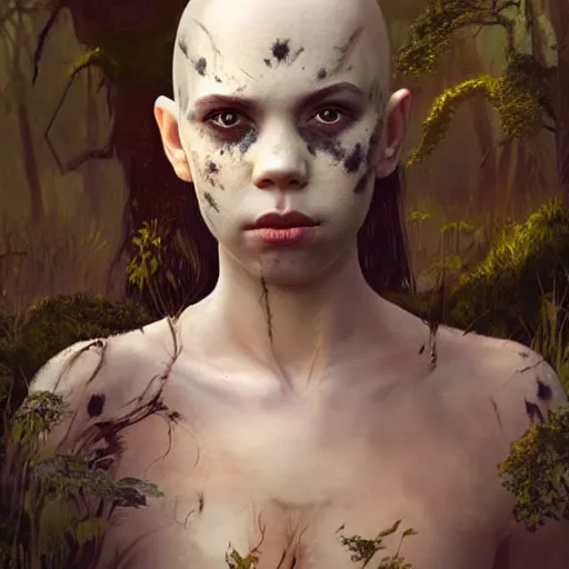 Image similar to fantasy portrait of a bald-headed girl in the style of Anya Taylor with black scars on her face, swamp vegetation in the backround, nocturnal palette, art by Greg Rutowski, Raphael Lacoste, Eddie Mendoza