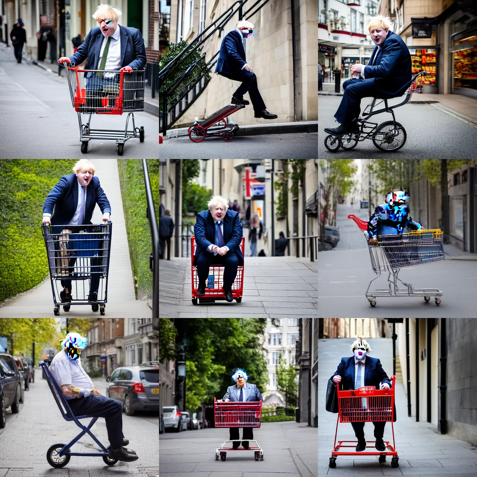 Prompt: excited boris johnson sitting in a shopping cart rolling downhill a very steep inclined street xf iq 4, f / 1. 4, iso 2 0 0, 1 / 1 6 0 s, 8 k, raw, unedited, symmetrical balance, in - frame