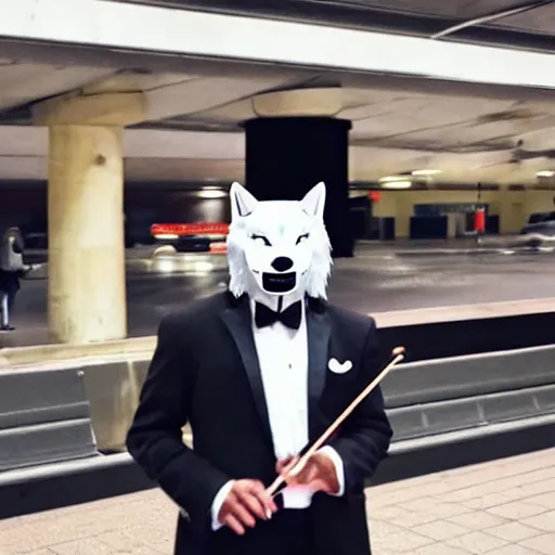 Image similar to a man in a tux wearing a white wolf mask playing the violin at a dirty metro station, unnerving, creepy, terrifying, dark, at night