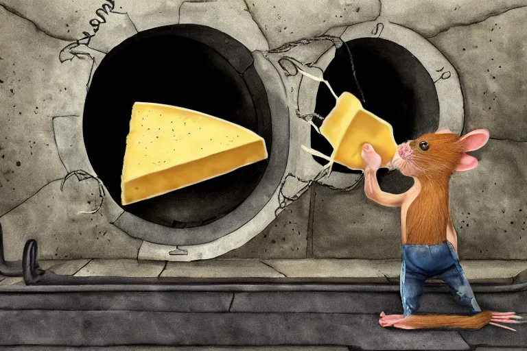 Image similar to a giant creepy rat eating cheese in a sewer, photo - realistic, hyper realism,