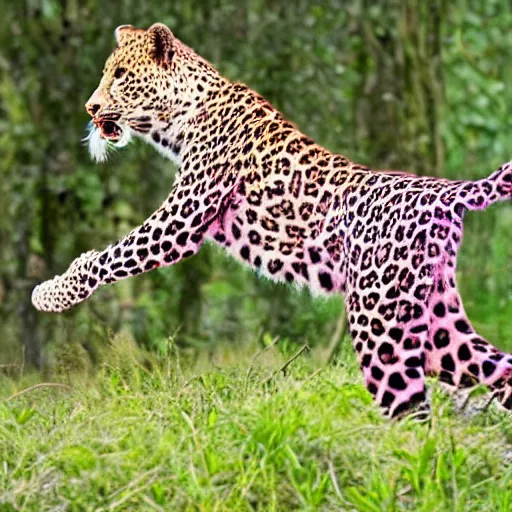 Image similar to a pink leopard dancing in the jungle