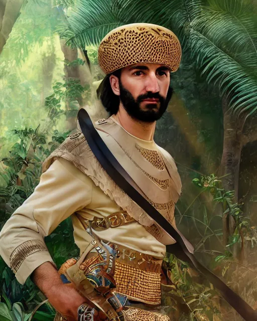 Prompt: portrait of karim benzema as a spanish conquistador in a jungle, by nicola saviori, and dan mora, studio ghibli color scheme, highly detailed, rim light, subsurface scattering, cinematic lighting, illustration, art, octane render, very coherent, cinematic, hyper realism, high detail, 8 k