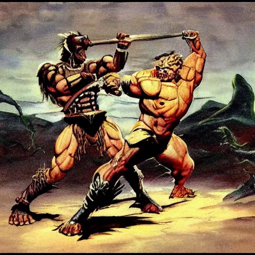 Prompt: a warrior fighting a monster in the style of Frank Frazetta