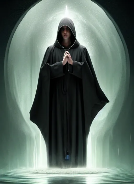 Prompt: a hooded priest with ceremonial robe standing in a dark underwater portal! with a beautiful symmetrical face!!! cinematic lightning, murky dusty deep, smoky eyes, isolated, studio lighting by artgerm yuri shwedoff and tom bagshaw