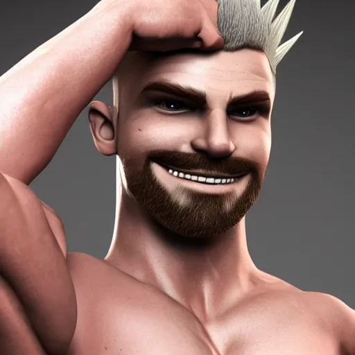 Prompt: attractive strong built irish english man with a chin beard and spiky blonde hair smiling at the camera, 3D octane render, character design