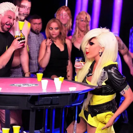 Image similar to a mix of lady gaga and guy fieri playing beer pong on stage