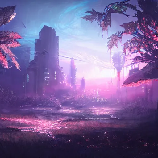 Image similar to scenery artwork, scene luminous, bioluminescent acrylic and cold nier automata pixiv scenery artwork : nature dream wire vegetation magic density infinite, macro seminal dream points of icy, frozen vaporwave shards tempted to turn into a dream scenery, high quality topical render, nier automata, concept art