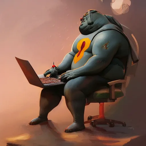 Image similar to a insanely detailed painting of a slightly overweight man wearing a homemade superhero costumed, sitting at a computer desk, nervously and clicking on the mouse, in the style of peter mohrbacher, dramatic lighting and composition, trending on artstation, concept art, comic book