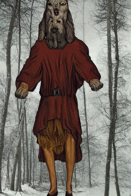 Prompt: slavic dog head man, woolen torso in medieval clothes, walking in the forest, orthodox saint christopher, art by whimmy, trending on artstation,