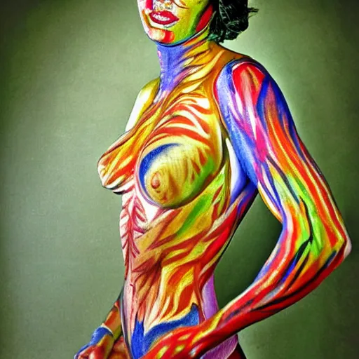 Prompt: stylized bodypaint by paul signac, photography. very detailed human form.