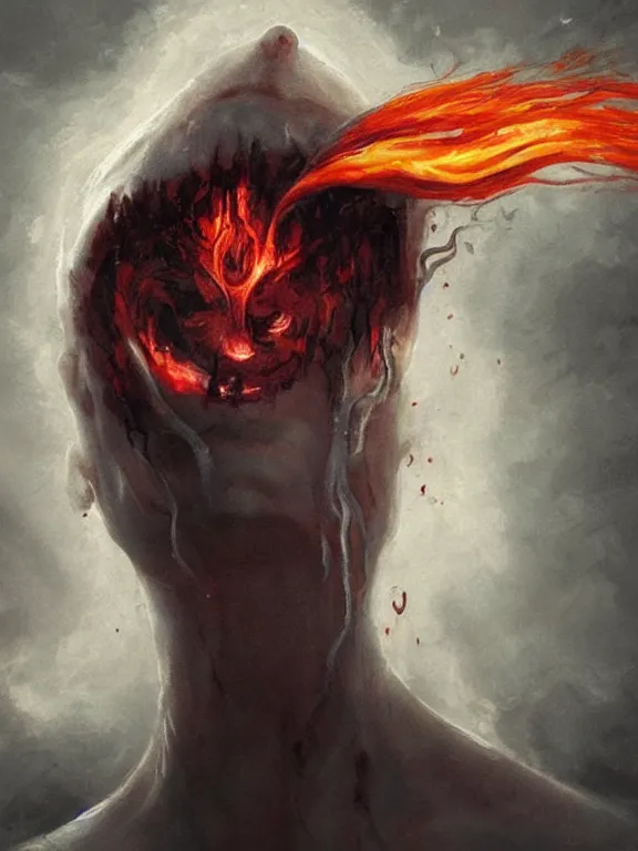 Image similar to painting by greg rutkowski of a flying sorrowful looking human head with tears running down it's eyes, face that is chalk white in color, with long sprawling white tentacles stemming down it's neck, fiery scorching red eyes, flying in a terrying hellish dark cavernous place