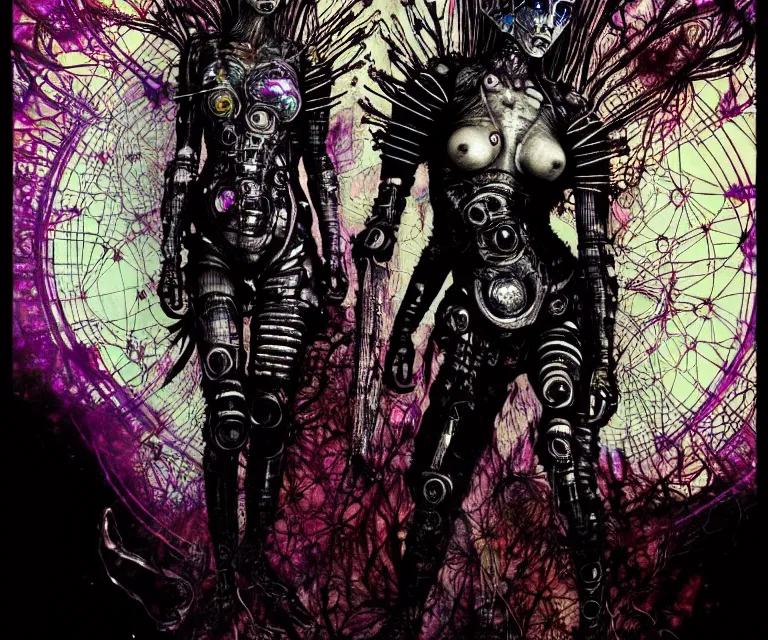 Image similar to gothic mute hybrid cyborg warrior girl, cybor clothes shaping the universe, freedom fighter, eerie, cinematic, epic, 8 k, ultra realistic, rendered by awesomeness. | a psychedelic apocalypse, illustration by albrecht durer, concept art in style of carne griffiths artwork by xsullo. | backround of beautiful floweres floatingby elson, peter kemp, peter