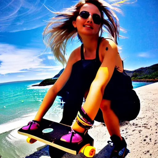 Image similar to aestethic, vibes, synthwave, cyperpunk girl riding a flying skateboard along the coastline