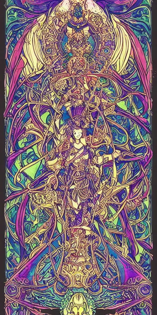 Image similar to a mage from final fantasy 14, intricate, amazing line work, cosmic, psychedelic, cheerful, colorful, tarot cards, empress tarot card