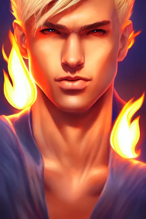 Image similar to character art by artgerm, young man, blonde hair, on fire, fire powers