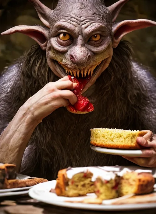 Image similar to closeup portrait of a medieval goblin eating cakes in the cloisters, depth of field, zeiss lens, detailed, symmetrical, centered, fashion photoshoot, by Annie Leibovitz and Steve McCurry, David Lazar, Jimmy Nelsson, Breathtaking, 8k resolution, extremely detailed, beautiful, establishing shot, artistic, hyperrealistic, beautiful face, octane render