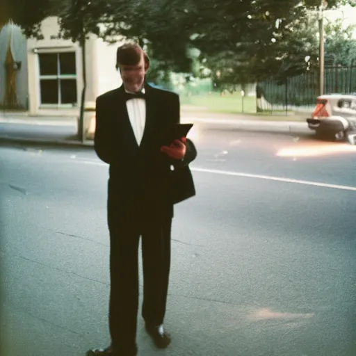 Prompt: the dumbest person imaginable walking on the sidewalk dressed in formal clothes, reading for a party, portra 800