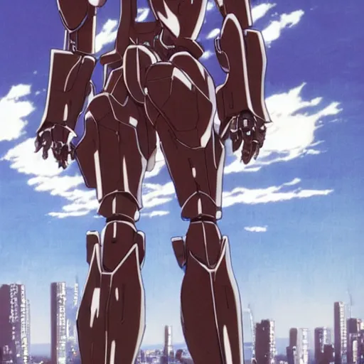 Prompt: late 2 0 0 0 s anime screenshot of a sleek, slender, human - scale mecha suit defending the city streets, designed by hideaki anno, drawn by tsutomu nihei, and painted by zdzislaw beksinski