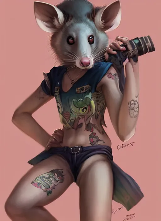 Image similar to character portrait of a female anthro opossum fursona wearing a tanktop and shorts with arm tattoos. Character design by charlie bowater, ross tran, artgerm, and makoto shinkai, detailed, inked, western comic book art