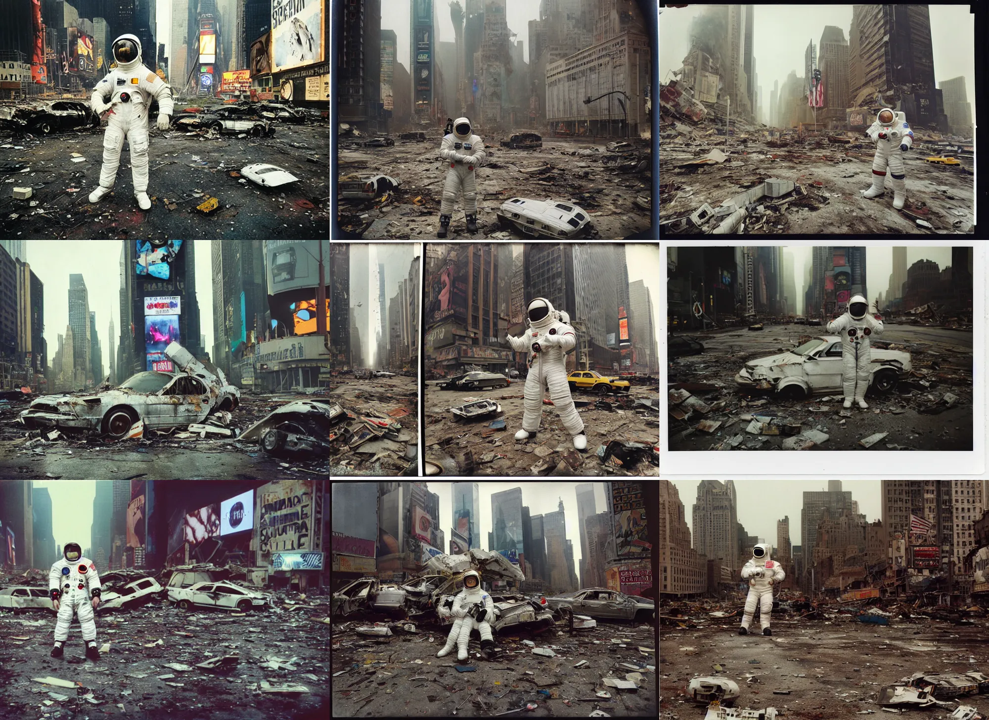 Prompt: american white spacesuit astronaut in postapocalyptic abandoned destroyed times square, wrecked buildings, destroyed flipped wrecked cars, polaroid photo, vintage, neutral colors, rainy day, by gregory crewdson