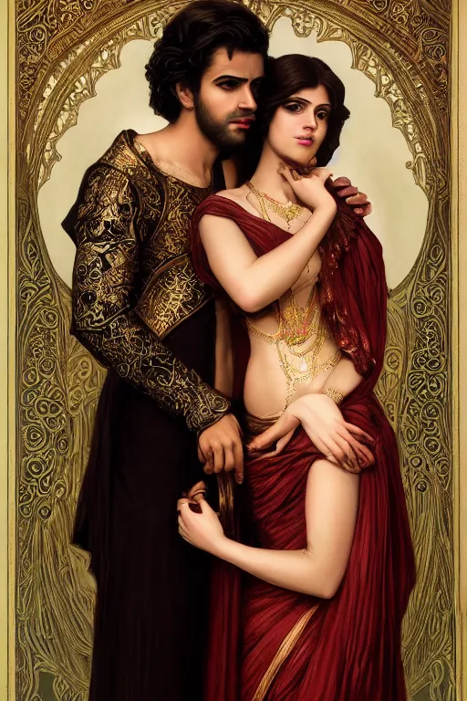 Image similar to a portrait of handsome young male indo-persian Satan and his elegant beautiful indo-persian wife, bored, illustration, dramatic lighting, soft details, painting oil on canvas, art nouveau, octane render, HDR, 4k, 8k, HD, by Edmund Blair Leighton, Brom, Charlie Bowater, trending on artstation, faces by Tom Bagshaw, Sargent