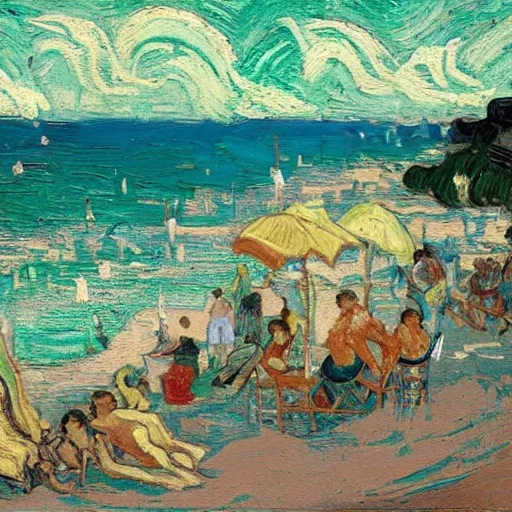 Image similar to rich and indulgent oil paint impasto reliefs, happy italian beach scene, an artwork by charles w. bartlett and jackson pollack and colin campbell cooper and to a lesser extent - van gogh