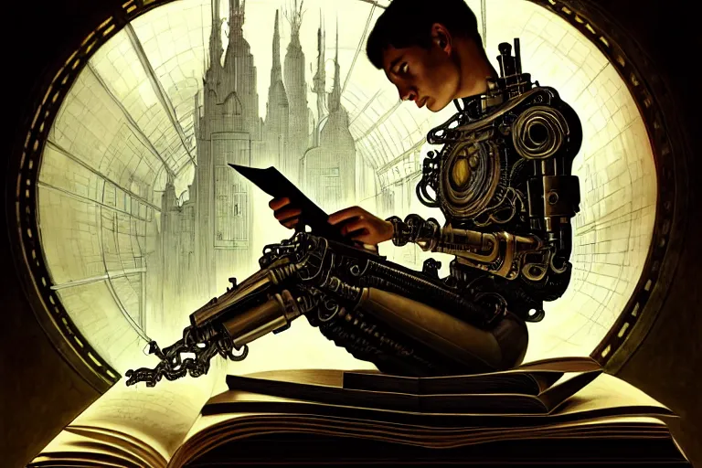 Prompt: a portrait of a cyborg reading from an old book with a leather cover, fantasy, sci-fi, intricate, elegant, dramatic lighting, highly detailed, lifelike, photorealistic, digital painting, artstation, concept art, smooth, sharp focus, illustration, art by John Blanche and Paul Dainton and Darren Tan and Pierre Loyvet and Alphonse Mucha