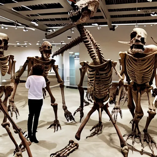Prompt: a family of humanoid dinosaurs looking at a giant human skeleton in a museum