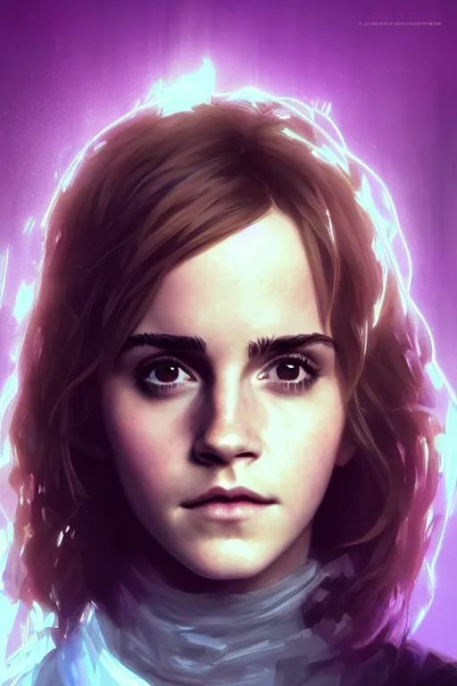 Image similar to portrait of Emma Watson as Hermione Granger in cyberpunk, neon lighting, digital art from artstation by Ruan Jia and Mandy Jurgens and Artgerm and william-adolphe bouguereau and Greg Rutkowski and Wayne Barlowe