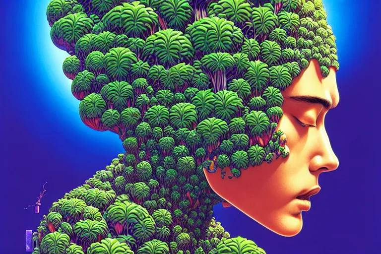 Image similar to gigantic robot head, a lot of exotic vegetation, trees, flowers by moebius, junji ito, tristan eaton, victo ngai, artgerm, rhads, ross draws, hyperrealism, intricate detailed, risograph