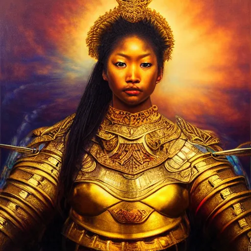 Prompt: realistic portrait of asian black goddess in armor, atmospheric lighting, painted, intricate, volumetric lighting, beautiful, washed deep colors masterpiece, golden hour, sharp focus, ultra detailed, by Chie Yoshii, Kai Carpenter, Ignacio Fernández Ríos
