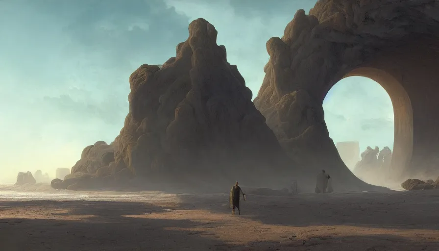 Image similar to a sand tsunami gate to another dimension, a man watching over, by caspar david friedrich by james gilleard and justin gerard, artstation, smooth, sharp focus, by jean baptiste, octane render