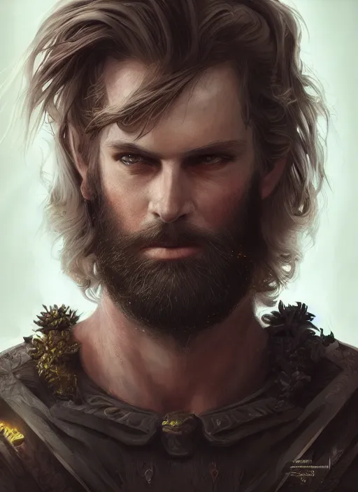 Image similar to an epic fantastic realism comic book style portrait painting of an aasimar warlock, male, shaggy hair, short brown beard, d & d concept art, unreal 5, daz, petrol aesthetic, octane render, cosplay, rpg portrait, dynamic lighting