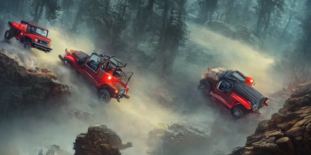 Image similar to mahindra thar, an epic fantasy, dramatic lighting, cinematic, establishing shot, extremely high detail, photorealistic, cinematic lighting, artstation, by simon stalenhag, in the style of asphalt 9