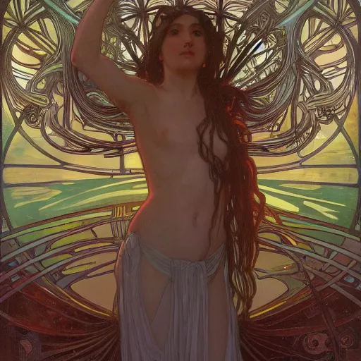 Prompt: crystal tree splash Alphonse Mucha, Michael Whelan, William Adolphe Bouguereau, John Williams Waterhouse and Donato Giancola, cyberpunk, extremely gloomy lighting, shining light and shadow, atmospheric, cinematic, unreal Engine, 8K