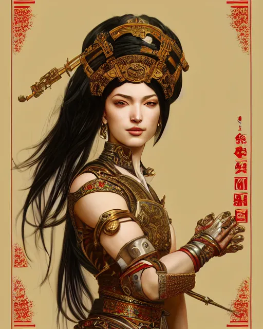 Image similar to portrait of a turkish masculine female stoya cyberpunk machine, machine face, upper half portrait, decorated with ottoman opera motifs, muscular, asian, fine china, wuxia, traditional chinese art, intricate intense elegant, highly detailed symmetry headpiece digital painting artstation concept art smooth sharp focus illustration, art by artgerm and greg rutkowski alphonse mucha 8 k