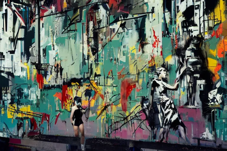 Image similar to Springtime, walls by john berkey, covered in graphitti of a spring bloom goddess by banksy, basquiat, cleon peterson, dramatic cinematic lighting, manicured solarpunk greenery, high fashion futuristic people walk past