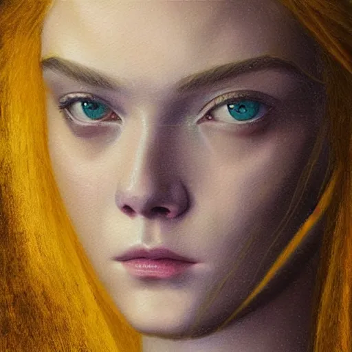 Prompt: professional painting of Elle Fanning in Ghost in the Shell in the style of Jean Delville, head and shoulders portrait, symmetrical facial features, smooth, sharp focus, illustration, intricate, stormy weather, extremely detailed masterpiece,