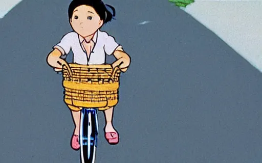 Image similar to a young girl riding a bike with a basket in a small town, 1970s philippines, art by hayao miyazaki, studio ghibli film, hi res, 4k, perfect face