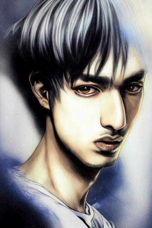 Image similar to beautiful medium shot manga portrait of mahmood inspired by ayami kojima with short hair dressed with a white t - shirt, white background white bank studio light, art by yoshitaka amano, hiroaki samura, jiro matsumoto and yusuke murata, sharp focus, high quality, 8 k