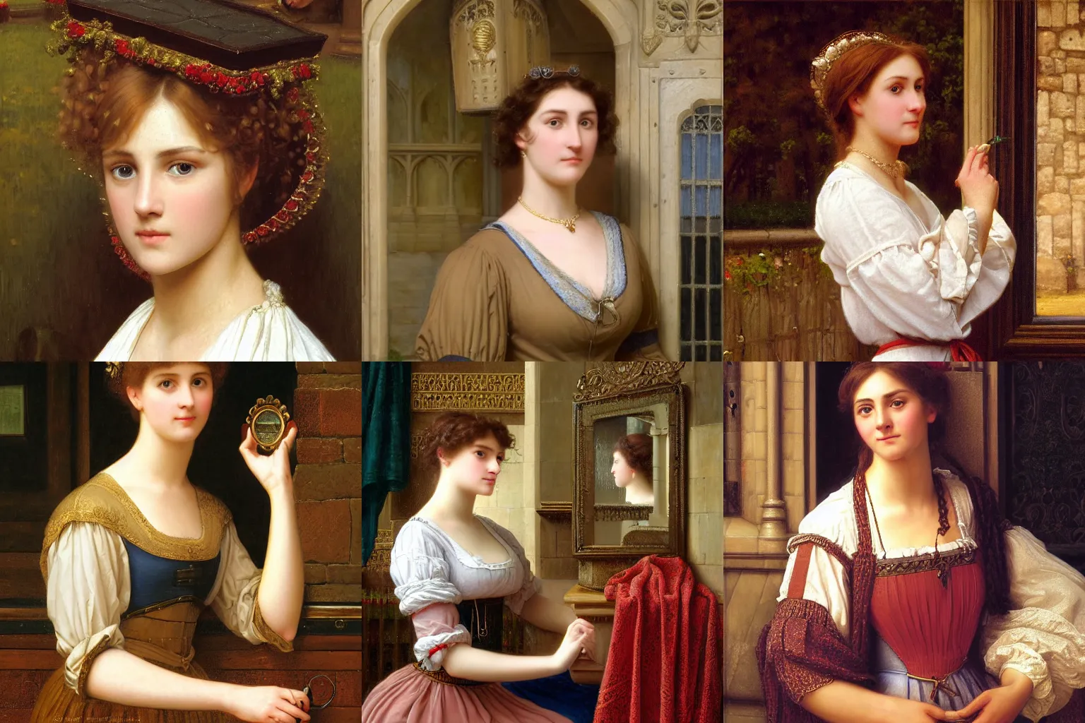 Prompt: closeup portrait painting by Edmund Blair Leighton of a beautiful medieval barmaid, detailed face, she has a surprised and sad expression on her face, looking in the mirror at her reflection, she is touching her face with her hands, castle interior in the background, 4k oil on linen, highly detailed, soft lighting 8k resolution