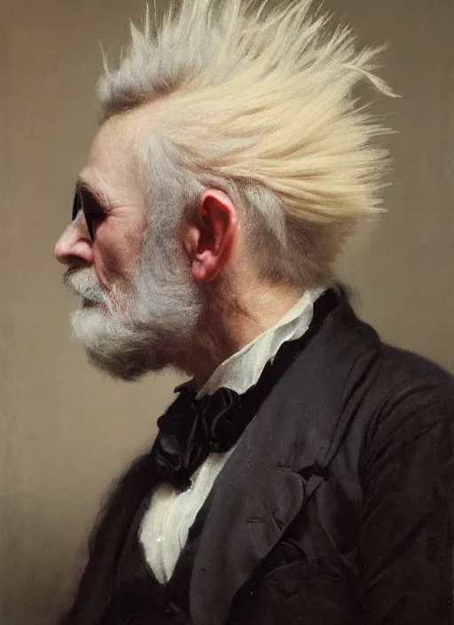 Image similar to a detailed portrait of old man with a extravagant mohawk by edouard bisson, blue hair, punk rock, oil painting, muted colours, soft lighting