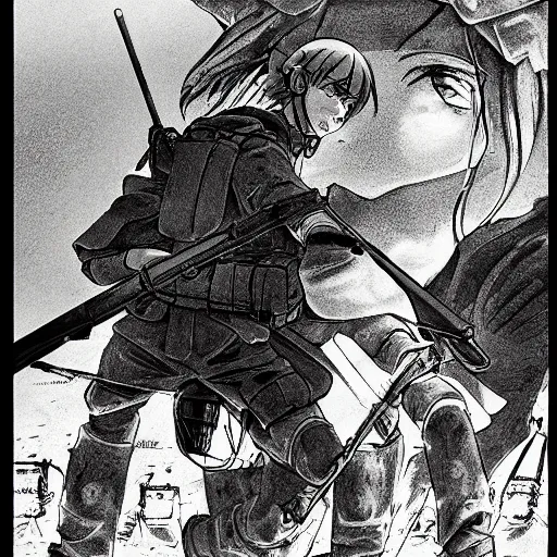 Prompt: manga style, clean simple line art, portrait of girl, under artillery fire, trench sandbags in background, professional composition, soldier clothing, short hair, hair down, symmetrical facial features, detailed drawing, top ranked manga, by kentaro miura