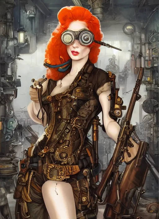 Image similar to 8K, realistic ginger Lady Mechanika in a Comic Book cover, holding a shotgun, and wearing victorian goggles in a ultradetailed Steampunk scenary, smooth, sharp focus, illustration. Art by Artgerm and Peter Andrew Jones and Pete Tapang and Alina Ivanchenko and Hirokazu Yokohara and Kago Shintaro. Trending on artstation, featured in Deviantart, Wallhaven Wallpaper, sharp focus, D&D, detailed, intricate, cinematic lighting,