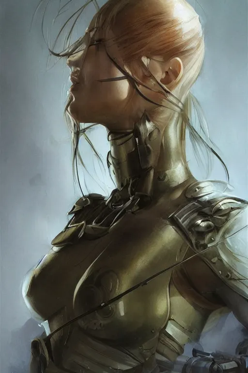 Image similar to a professionally painted portrait of an attractive young woman, clothed in military armor, olive skin, long dark hair, beautiful bone structure, symmetrical facial features, intricate, elegant, digital painting, trending on Artstation, concept art, smooth, sharp focus, illustration, from Metal Gear by Ruan Jia and Mandy Jurgens and Artgerm and William-Adolphe Bouguerea, award winning