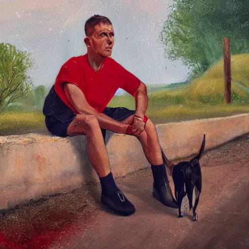 Prompt: a man in cheap and red used sportswear. he is smoking a cigarette. he is sitting on a dead dog. he is on the side of the road. he is wearing slippers. it is a rural scene, in poor village, dramatic lighting, hyper detailed, surreal, hyperrealism, oil painting